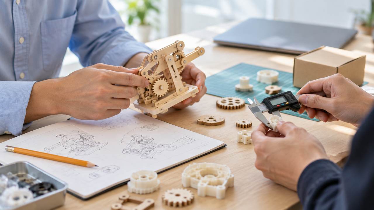 Engineers measuring prototype parts with calipers