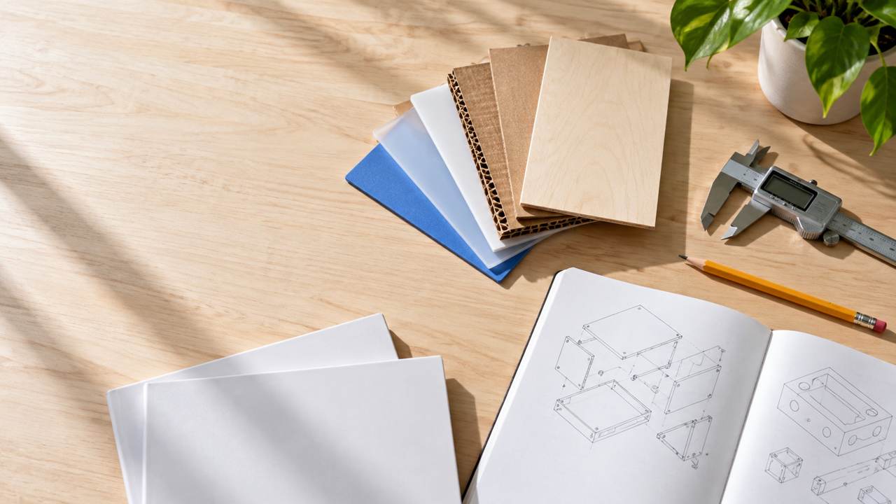 Material swatches and engineering sketches