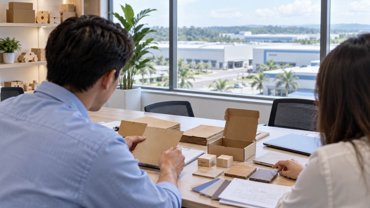 Reviewing packaging samples with sourcing partners