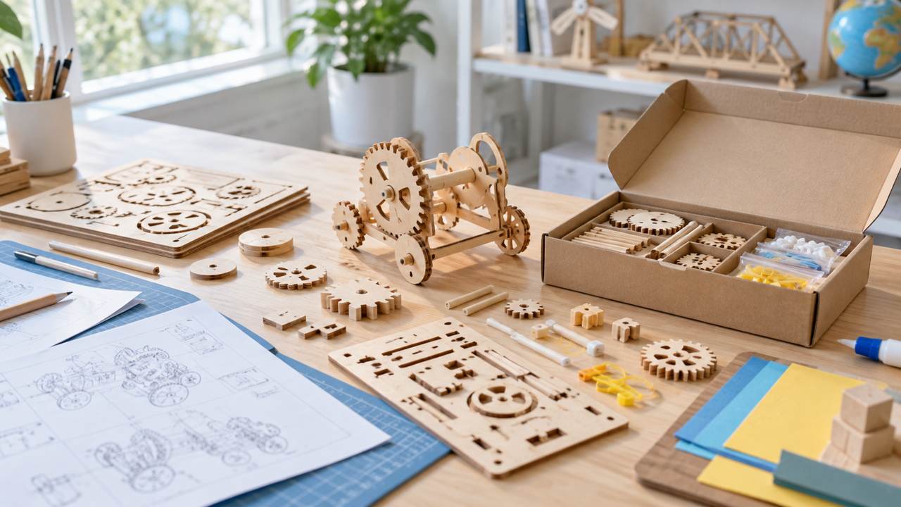 Wooden STEM kit components and assembly drawings